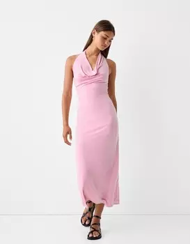 Платье миди с вырезом халтер Bershka, розовый