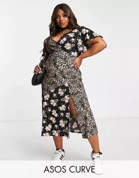 Платье миди с вырезом и леопардовым принтом ASOS DESIGN Curve