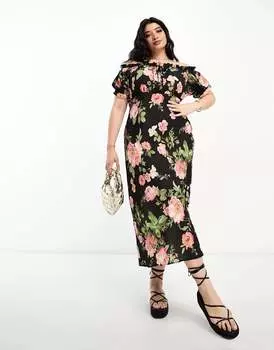 Платье миди с вырезом на завязках и цветочным узором Asos Design Curve Milkmaid, черный/розовый/зеленый