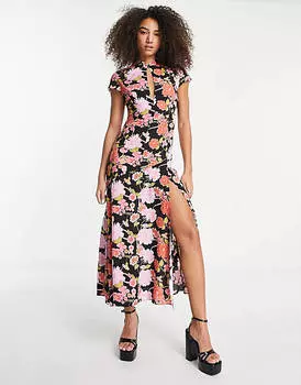 Платье миди с вырезом спереди и разноцветным цветочным принтом ASOS DESIGN