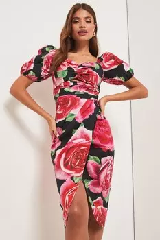 Платье миди с вырезом вырезом в форме сердца и рукавами-фонариками Lipsy, розовый