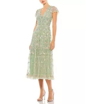 Платье миди с вышитым V-образным вырезом и короткими рукавами Mac Duggal, цвет Green