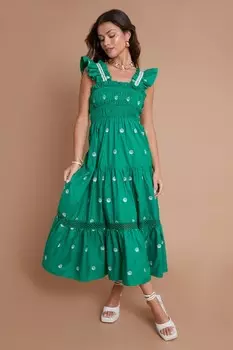 Платье миди с вышитыми ракушками и присборенной грудью Another Sunday, зеленый