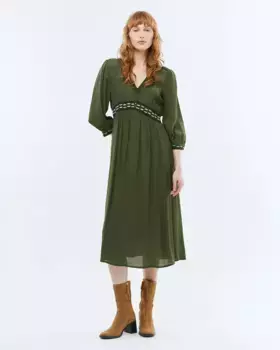 Платье миди с вышивкой и французскими рукавами Andam, цвет Kaki