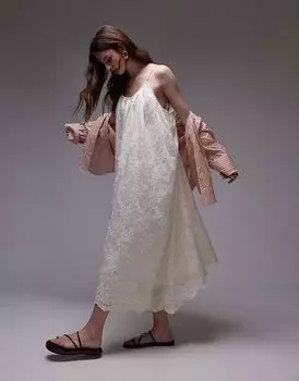 Платье миди с вышивкой Topshop и завязками на плечах цвета слоновой кости