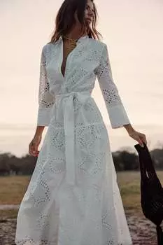 Платье миди с вышивкой ZARA, устричный белый