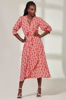 Платье миди с высоким и низким вырезом и V-образным вырезом Jolie Moi, красный