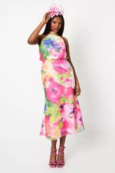 Платье миди с высоким воротником и расклешенным принтом Coast, розовый