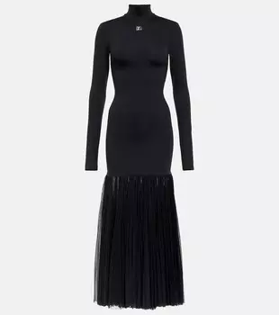 Платье миди с высоким воротником и отделкой из тюля DOLCE&GABBANA, черный