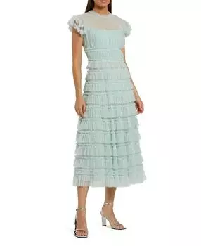 Платье миди с высоким воротником, рюшами и сетчатой тканью в горошек Mac Duggal, зеленый