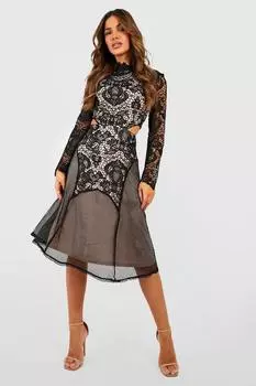 Платье миди с высоким воротом и кружевным воротом Boohoo, черный