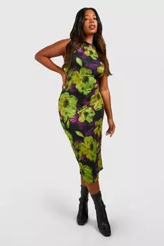 Платье миди с высоким воротом и цветочным платьем Boohoo, лаймовый