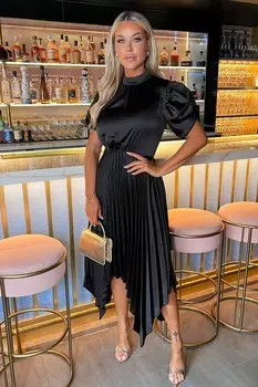 Платье миди с высоким воротом, рукавами фонариками, зигзагообразным подолом и складками Ax Paris, черный