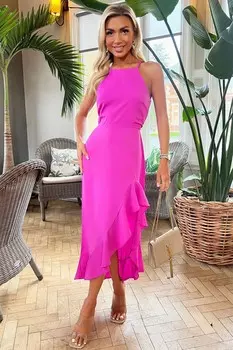 Платье миди с высоким вырезом и рюшой внизу Ax Paris, розовый