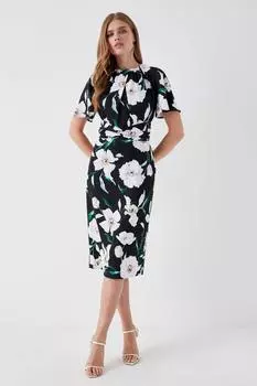 Платье миди с закрученной талией и принтом, развевающимися рукавами Coast, черный