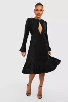 Платье миди с заниженным подолом и плиссированными вырезами Boohoo, черный