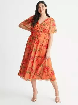 Платье миди с запахом и цветочным принтом Scarlett & Jo Victoria, оранжевое