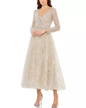 Платье-миди с запахом и декором от Mac Duggal, коричневый