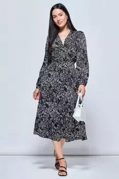 Платье миди с запахом и длинными рукавами Jolie Moi, черный