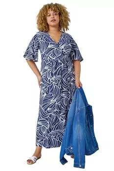 Платье миди с запахом и линейным принтом Curve Roman, синий