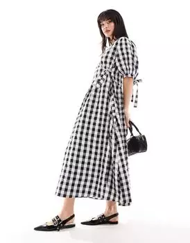 Платье миди с запахом и однотонным клетчатым принтом ASOS