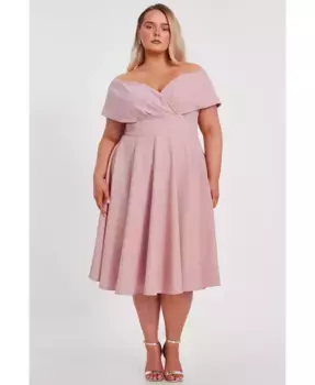 Платье-миди с запахом и открытыми плечами Plus Size Scuba Crepe Bardot Wrap Midi Skater Dress QUIZ, розовый