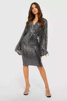 Платье миди с запахом и пайетками Boohoo, черный