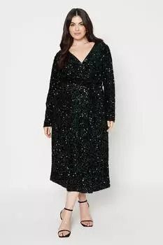 Платье миди с запахом и пайетками Curve Dorothy Perkins, зеленый