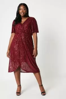 Платье миди с запахом и пайетками Curve Wallis, красный