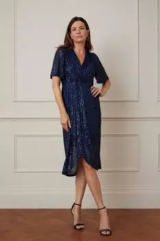 Платье миди с запахом и пайетками Wallis, темно-синий
