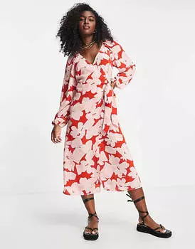 Платье миди с запахом и поясом ASOS DESIGN с крупным красным цветочным принтом