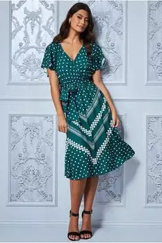 Платье миди с запахом и развевающимися рукавами Goddiva, зеленый