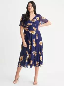 Платье миди с запахом и воротником-подсолнухом Scarlett & Jo Victoria, Темно-синий/Мульти