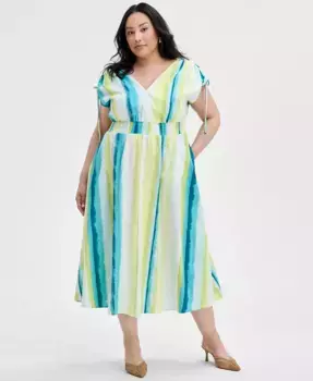 Платье миди с завязками на рукавах из хлопка больших размеров I.N.C. International Concepts, мультиколор