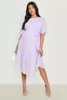 Платье миди с завязкой на талии и плиссированными рукавами Boohoo, сиреневый