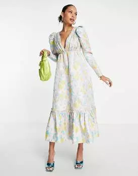 Платье миди с завышенной талией и складками на груди ASOS EDITION из цветочного жаккарда