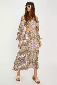 Платье миди с жатым узором "пейсли" и вырезами Bardo Oasis, мультиколор