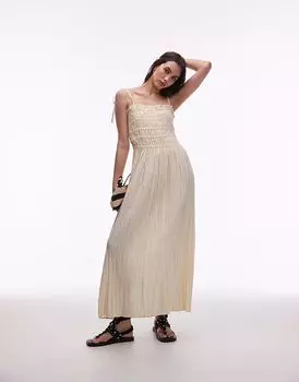 Платье миди с жатым верхом и сборками Topshop в натуральном цвете