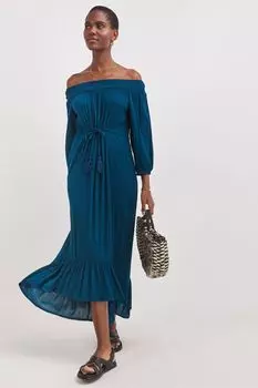 Платье миди с жатым вырезом и открытыми плечами Jd Williams, синий