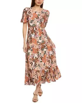 Платье миди Saltwater Luxe с рукавами-фонариками, коричневый