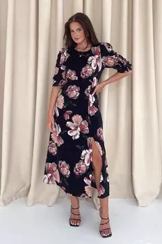 Платье миди Samira с цветочным принтом и оборками на рукавах Girl In Mind, черный