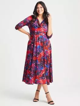 Платье миди Scarlett & Jo с абстрактным принтом и воротником-хомутом, красный/синий
