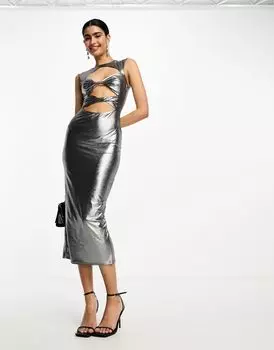 Платье миди серебристого цвета с вырезом спереди ASOS DESIGN