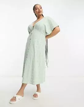 Платье миди серо-зеленого цвета ASOS Curve с контрастным кружевным узором кремового цвета, v-образным вырезом и застежкой на пуговицы