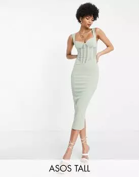 Платье миди серого цвета с корсетом и кружевными вставками ASOS DESIGN Tall