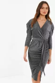 Платье миди серого цвета с рюшами и блестками QUIZ Clothing