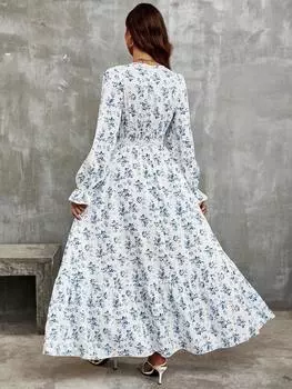 Платье-миди Shein Lune Frenchy Ditsy с запахом на талии и принтом, белый / синий