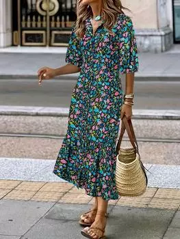 Платье-миди Shein Lune с цветочным принтом, черный