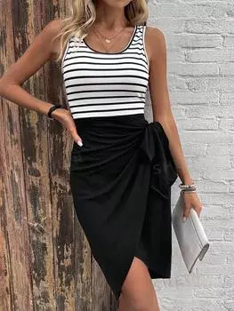 Платье-миди Shein Lune в полоску с завязками, черный