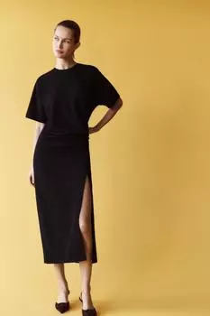 Платье миди со сборчатыми деталями ZARA, черный